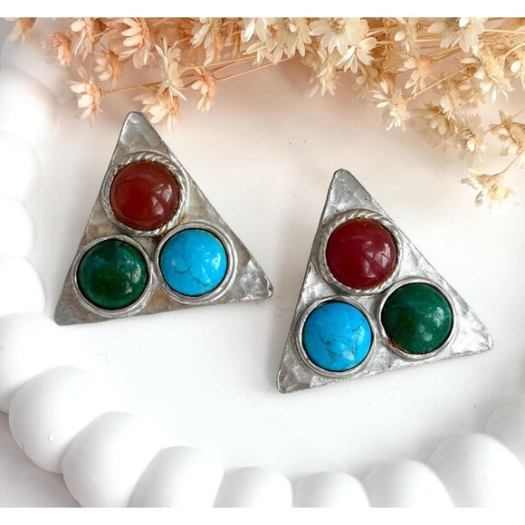 XL Hammered Pewter Turquoise & Coral Vintage Large Statement Earrings - Picture 1 of 10